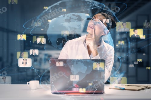 Preview: Close Up Of Thoughtful Young European Businesswoman Using Laptop At Desktop With Creative Glowing