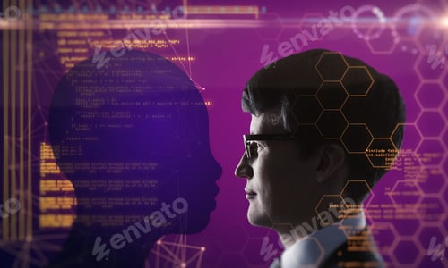 Preview: Creative Programming Background With Head Outline. Ai And Coding Concept. Multiexposure