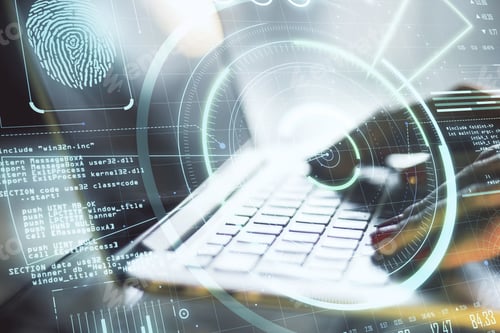 Preview: Hands Using Laptop With Glowing Finger Print And Data Protection Interface. Access, Password And