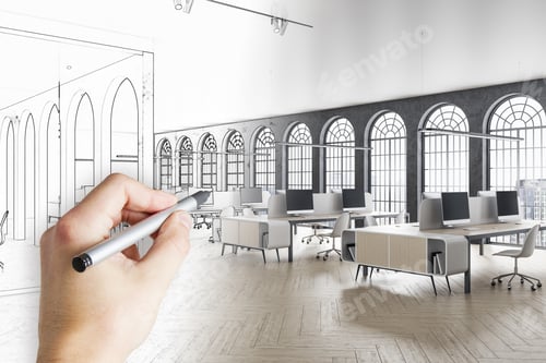 Preview: Hand Drawing Modern Office Room With Computer On Table, Decorative Gray Arch And City View