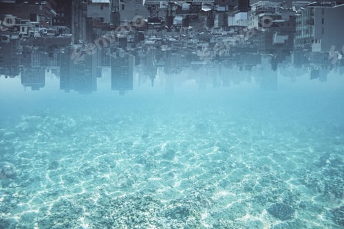 Preview: Abstract Upside-Down City And Water, Ocean, Sea Background With Copy Space. Creativity, Abstraction