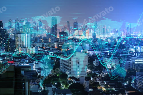 Preview: Creative Glowing Business Chart And Map Hologram On Blurry Night City Backdrop. Business Data And