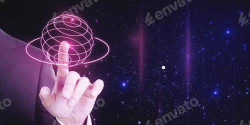 Preview: Close Up Of Businessman Hand Pointing At Abstract Creative Metaverse Hologram On Blurry Wide Starry