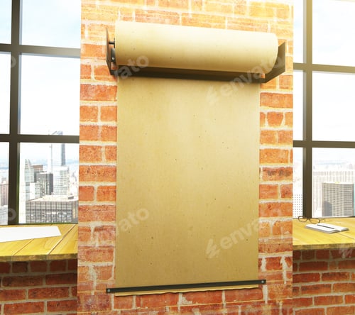 Preview: Parchment Roll On Brick Wall With Windows And City View. Mock Up