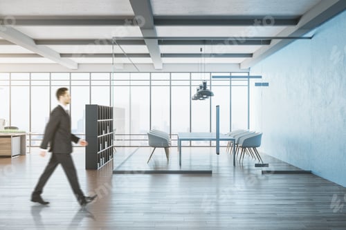 Preview: Businessman Walking In Conference Office Room With City View. Occupation And Worker Concept.