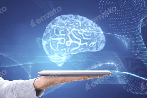 Preview: Close Up Of Casual Female Hand Holding Tablet With Low Polygon Brain Wireframe Mesh On Blue
