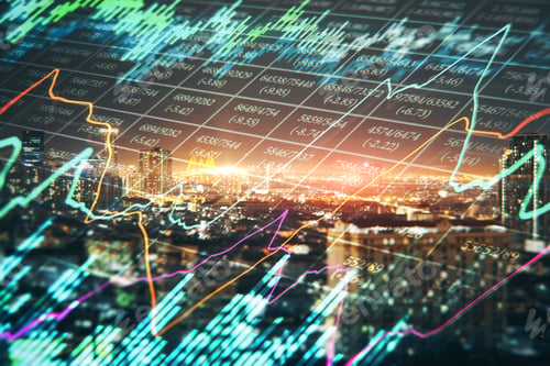 Preview: Creative Glowing Forex Chart On Night City Background With Candlestick Line. Finance. Trade And
