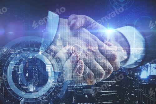 Preview: Close Up Of Handshake And Digital Pattern On Night City Background. Teamwork Concept. Double