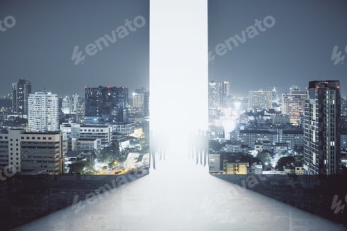 Preview: Abstract Interior With Bright Opening, People Figures And Night City View. Teamwork Concept. Double