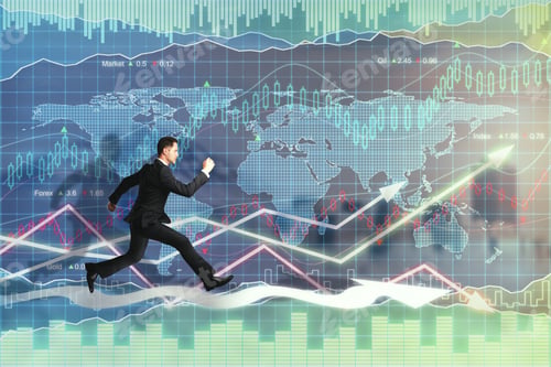 Preview: Side View Of Young Running Businessman On Glowing Forex Background. Trade And Fund Management