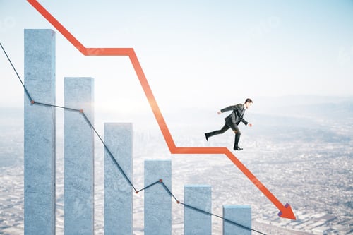 Preview: Businessman Runs Down On Stock Crash Recession Chart With Red Arrow On City Background. Business