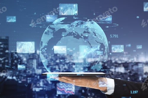 Preview: Close Up Of Hand Holding Tablet With Abstract Globe With Forex Charts And Graphs On Blurry Night