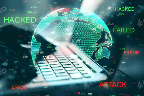 Preview: Close Up Of Hacked Laptop With Globe. Malware And Theft Concept. Double Exposure