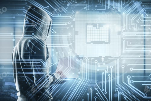 Preview: Hardware And Technology Concept. Hacker Using Laptop With Circuit Interface On Blurry Blue Office