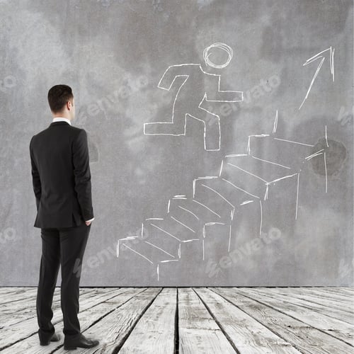 Preview: Businessman Looking To Staircase Drawing On Wall