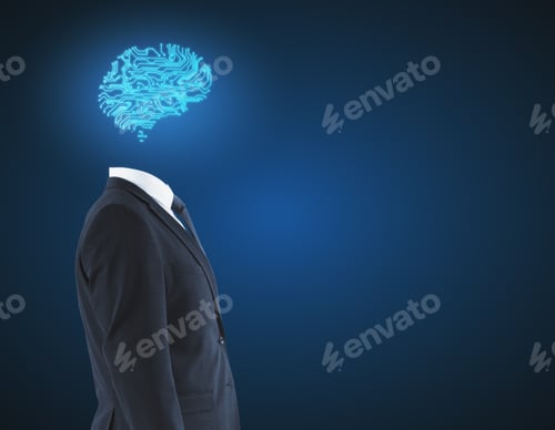 Preview: Side View Of Digital Brain Headed Businessman On Blue Background. Technology And Innovation Concept