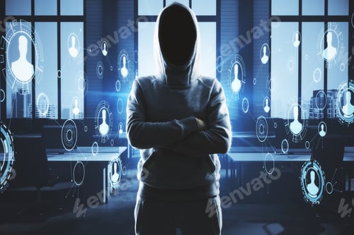 Preview: Hacker Standing In Abstract Interior With Digital Business Interface. Ransomware And Risk Concept