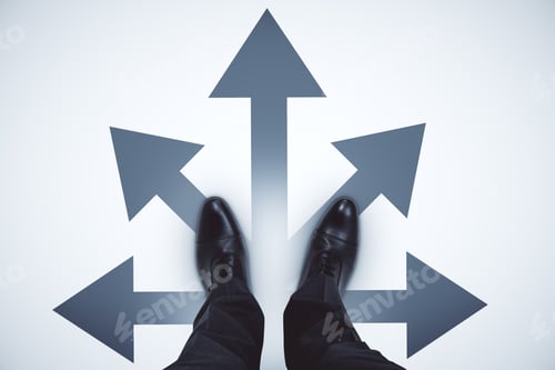 Preview: Top View Of Businessman Feet With Arrows On Grey Background. Different Direction And Road Concept