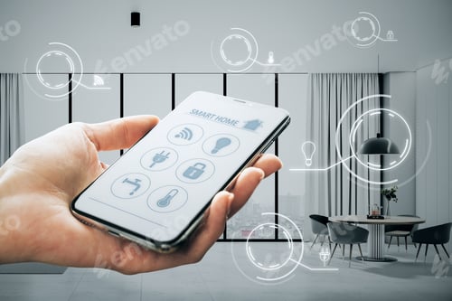 Preview: Close Up Of Hand Holding Smartphone With Abstract Digital Smart Home Hologram On Blurry Living Room