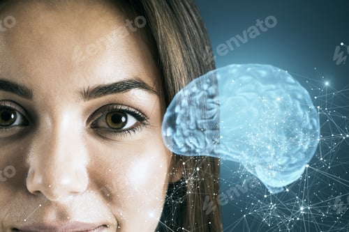 Preview: Portrait Of Attractive Young European Businesswoman With Abstract Polygonal Brain On Gray