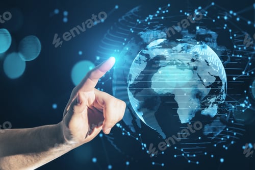 Preview: Close Up Of Male Hand Pointing At Abstract Glowing Planet Hologram On Blurry Blue Background With