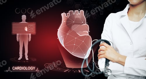 Preview: Female Doctor Using Creative Glowing Red Digital Heart Futuristic Interface Hologram On Dark
