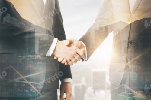 Preview: Handshake On Abstract City Background With Forex Chart And Sunlight. Finance Concept. Double