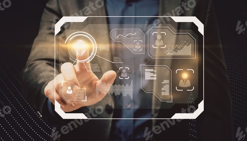 Preview: Businessperson Hand Pointing At Abstract Glowing Finger Print Security Interface On Dark
