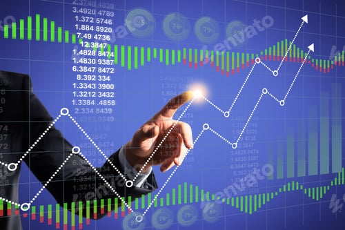 Preview: Close Up Of Business Man Hand Pointing At Abstract Glowing Business Chart Hologram. Finance, Trade