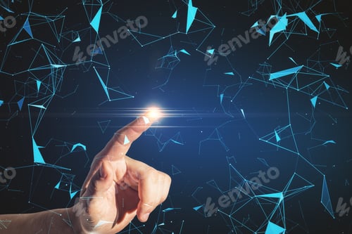 Preview: Hand Touches Creative Polygonal Interface. Communication And Teamwork Concept. Close Up