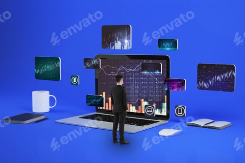 Preview: Businessman Looking At Huge Laptop With Abstract Forex Chart Holograms, Coffee Cup And Supplies On