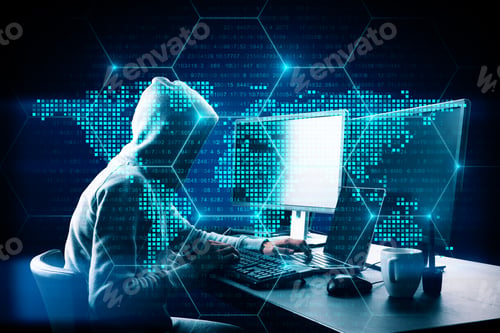 Preview: Hacker In Hoodie Using Computer At Desktop With Digital Glowing Map Interface. Ai And Global