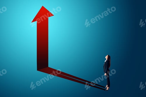 Preview: Thoughtful Young Businesswoman With Arrow Shadow On Blue Background. Growth And Promotion Concept