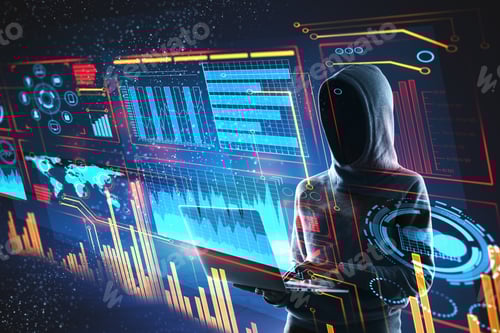 Preview: Hacker With Laptop And Digital Business Interface On Blurry Background. Technology And Malware