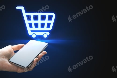 Preview: Close Up Of Woman Hands Holding Phone With Abstract Shopping Cart On Blue Background With Mock Up