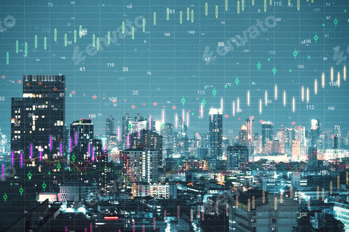 Preview: Night New York City Backdrop With Forex Chart. Invest And Trade Concept. Double Exposure