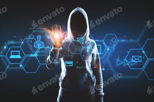 Preview: Hacker Using Digital Business Interface On Blue Background. Hacking And Malware Concept