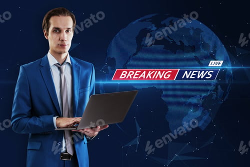 Preview: Portrait Of Attractive Young European Busiessman Standing With Laptop On Blurry Blue Breaking News