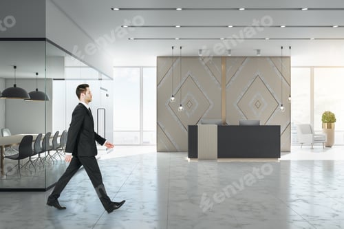 Preview: Businessman Walking In Luxury Office Lobby With Reception, Conference Table And City View