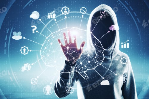 Preview: Hacker Using Abstract Digital Brain Interface On Blurry Background. Ai And Criminal Concept. Double