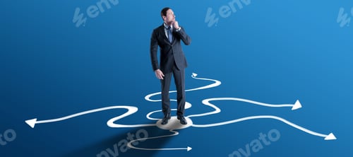 Preview: Attractive Young European Businessman Looking Into The Distance On Blue Background With Drawn