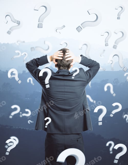 Preview: Back View Of Thinking Young Businessman On Landscape Background With Question Marks. Worried Concept