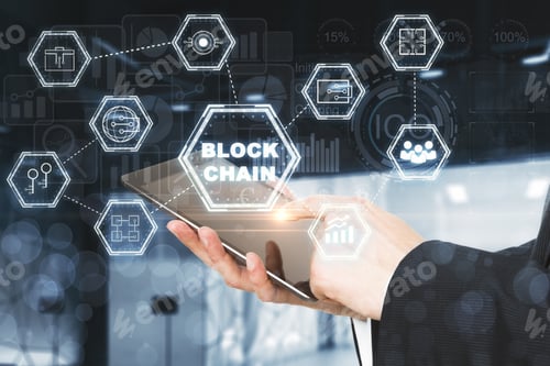 Preview: Businessman Using Device With Blockchain Hologram In Blurry Interior. Cryptocurrency And Finance