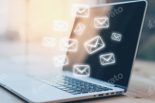 Preview: Side View Of Laptop Computer With Email Sketch. E-Mail Marketing Concept