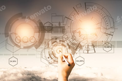 Preview: Hand Drawing Abstract Digital Business Chart Projection On Sky Background With Clouds. Technology