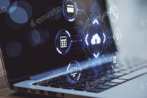 Preview: Cloud Technology Service Concept With Virtual Cloud Service Icons On Open Laptop Background