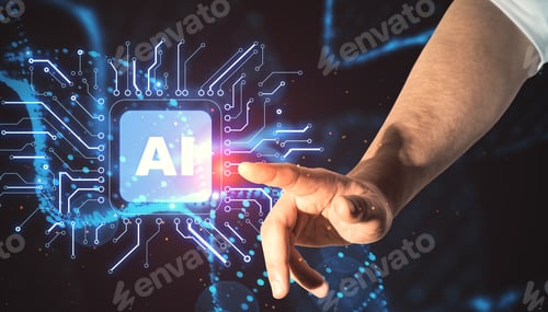 Preview: Businessman Hand Pointing At Abstract Glowing Ai Dna Interface On Dark Background. Artificial