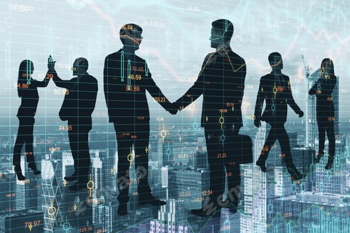 Preview: Crowd Of Businesspeople Silhouettes Standing On City Background With Forex Chart. Teamwork And