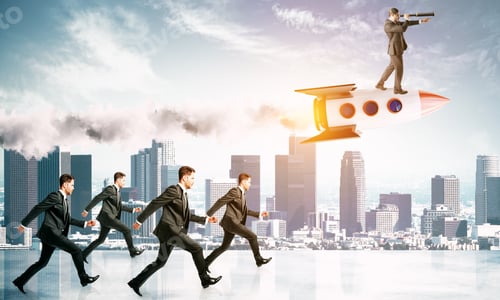 Preview: Businessmen Following Leader On Rocket On City Background. Leadership And Teamwork Concept