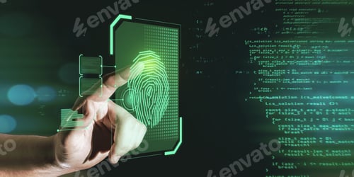 Preview: Hand Pointing At Glowing Finger Print Interface On Dark Background With Coding Language. Security
